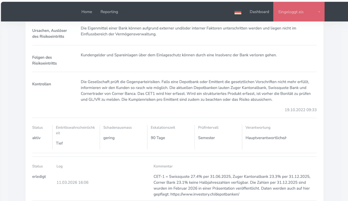 Dokumentierte Kontrolle mit Kommentar und Datum