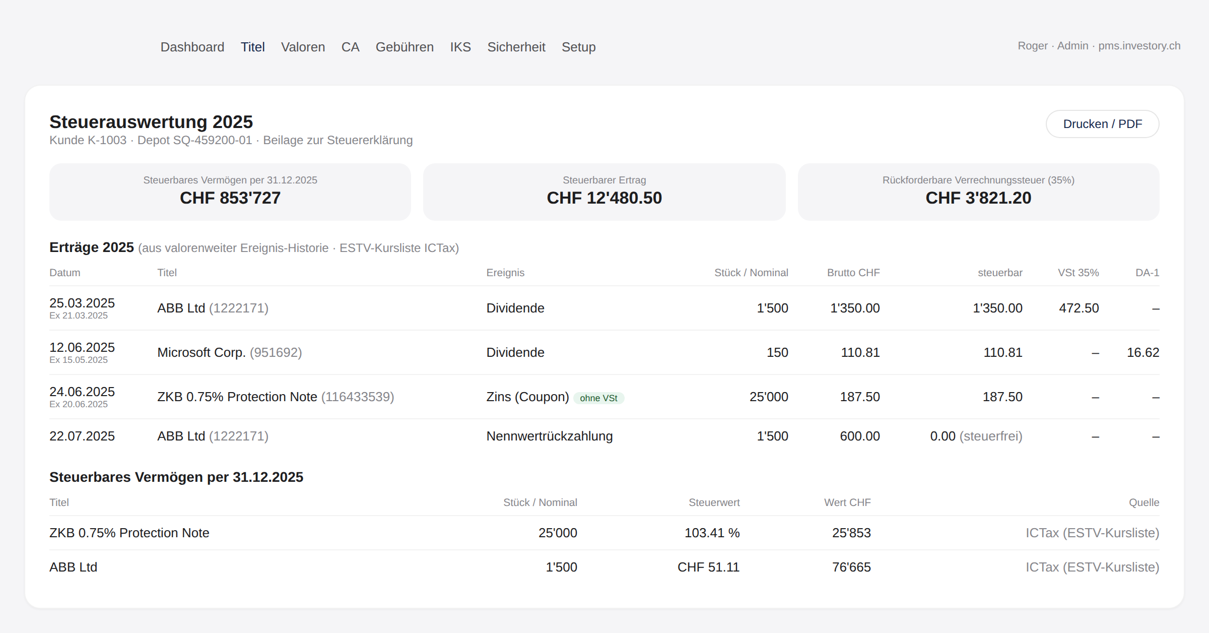 INVESTORY PMS – Steuerauswertung mit ESTV-Kursliste (ICTax), Ex-Daten, Verrechnungssteuer und DA-1