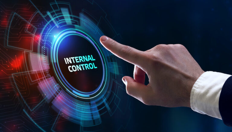 Businessman presses button internal control on virtual screens. Business, Technology, Internet and network concept